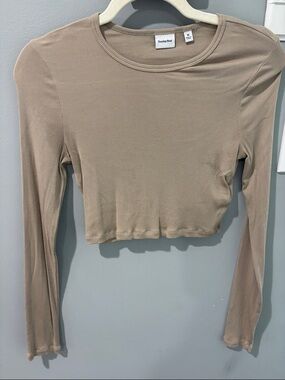 Sunday Best Long Sleeve Ribbed Crop Top in Taupe Beige